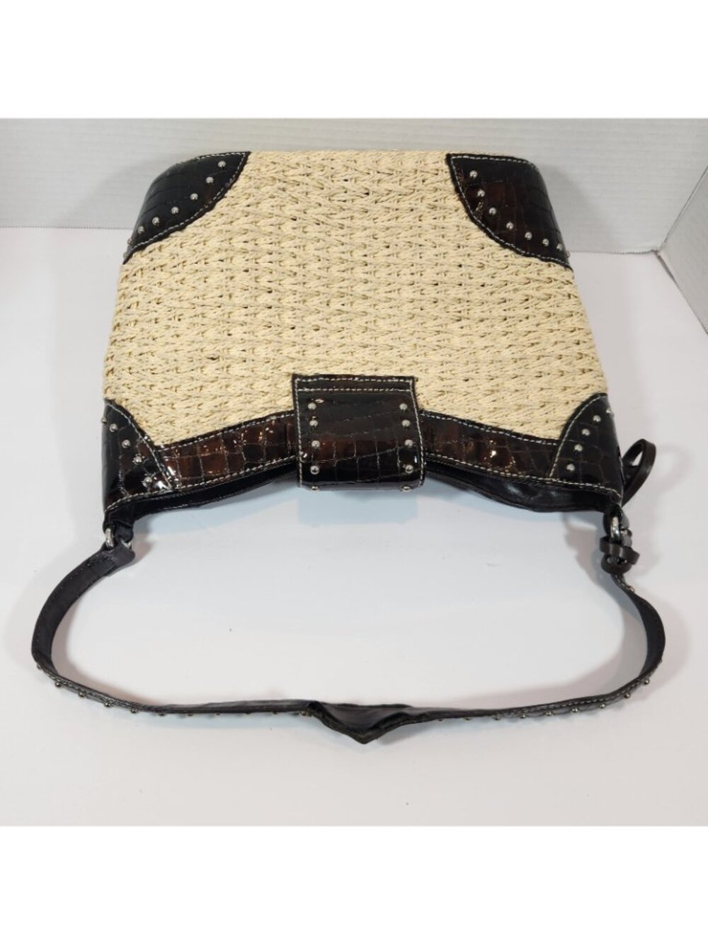 Brighton Woven Tan Straw Studded Brown Leather Handbag Purse Bag DEFECT STRAP - Picture 12 of 16
